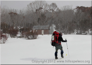Arriving at Grey Mare Hut in the snow